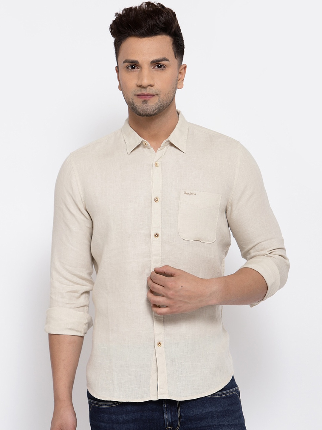

Pepe Jeans Men Beige Pure Linen Solid Casual Shirt