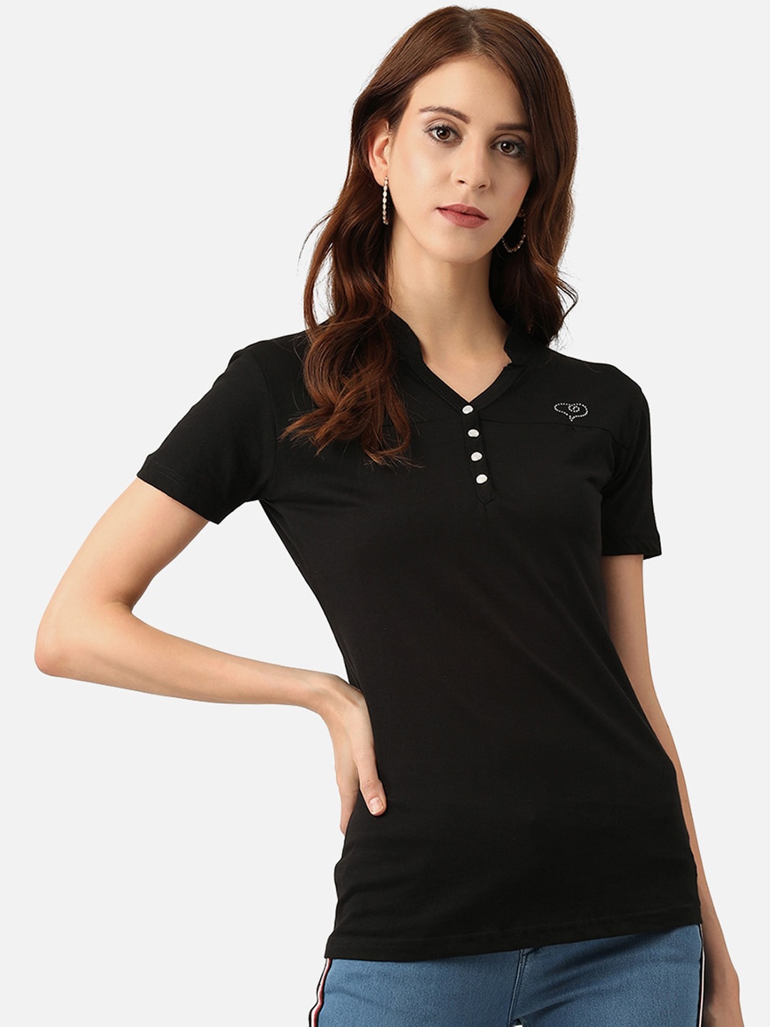 

V2 Value & Variety Black Mandarin Collar Chambray Regular Top