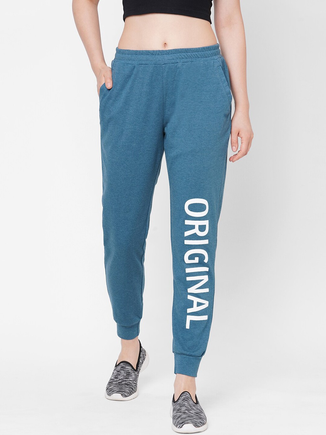 

Mystere Paris Women Teal Green and White Printed Slim-Fit Cotton Joggers