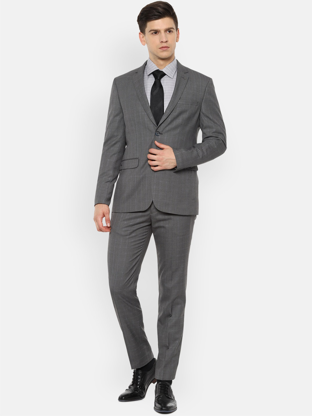 

Louis Philippe Men Grey Checked Slim-Fit Single-Breasted Two-Piece Formal Suit