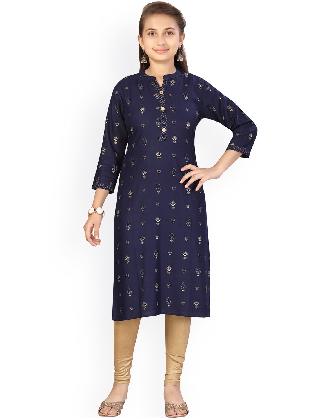 

Aarika Girls Navy Blue & Beige Printed Kurta with Churidar