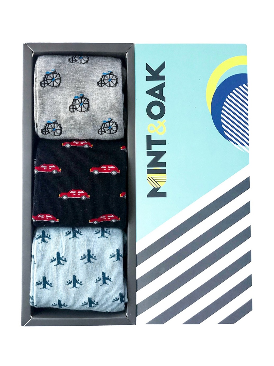 Mint & Oak Men Pack Of 3 Patterned Calf-Length Socks, Grey
