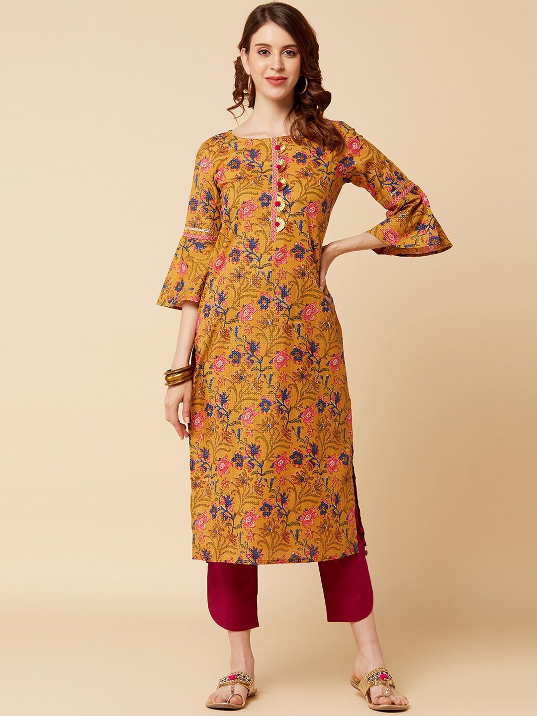 

Varanga Women Mustard Floral Printed Bell Sleeves Floral Kurta