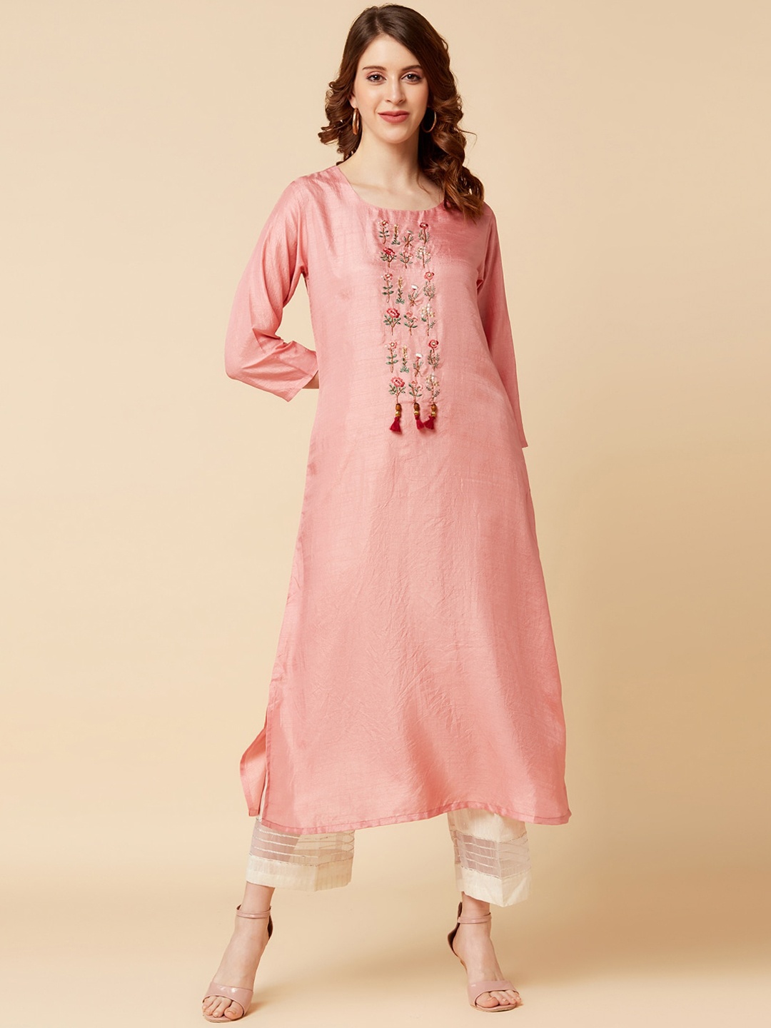 

Varanga Women Pink Floral Embroidered A-Line Kurta