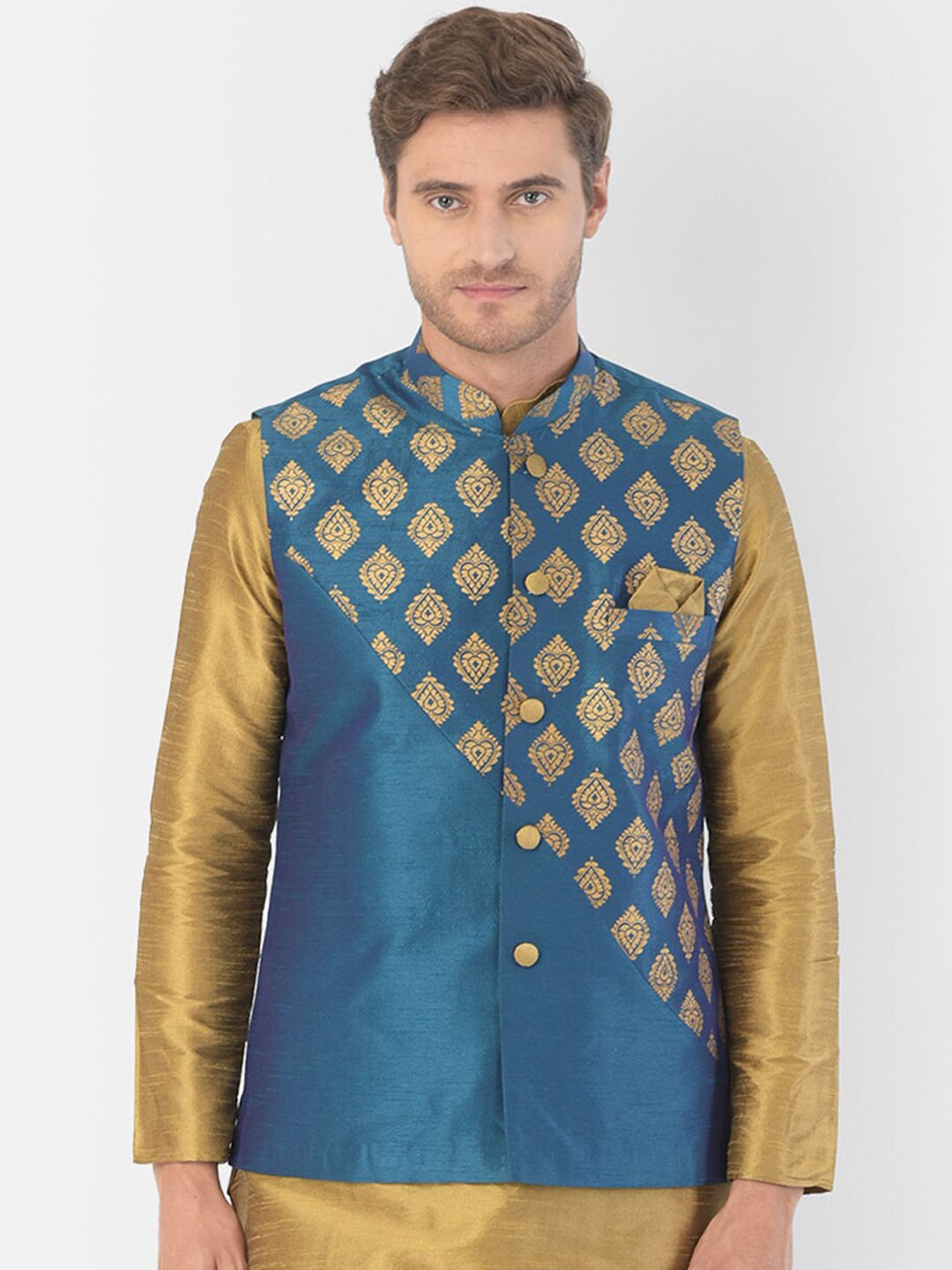

DEYANN Men Blue & Gold-Coloured Printed Woven Nehru Jacket