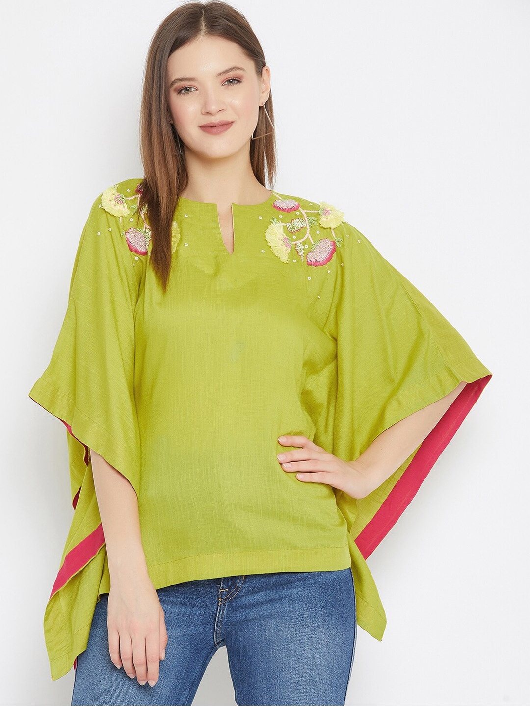 

The Kaftan Company Lime Green Floral Hand Embroidered Kaftan Top