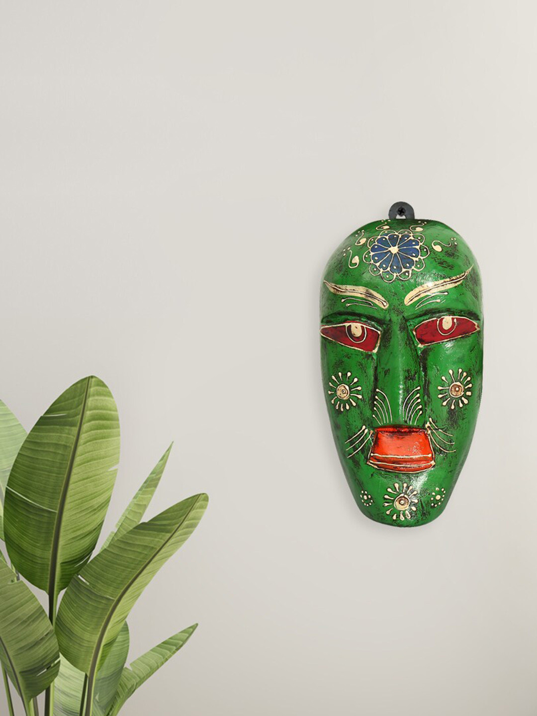 

India Circus by Krsnaa Mehta Green & Red Handmade Olive Hobgoblin Decorative Wooden Mask
