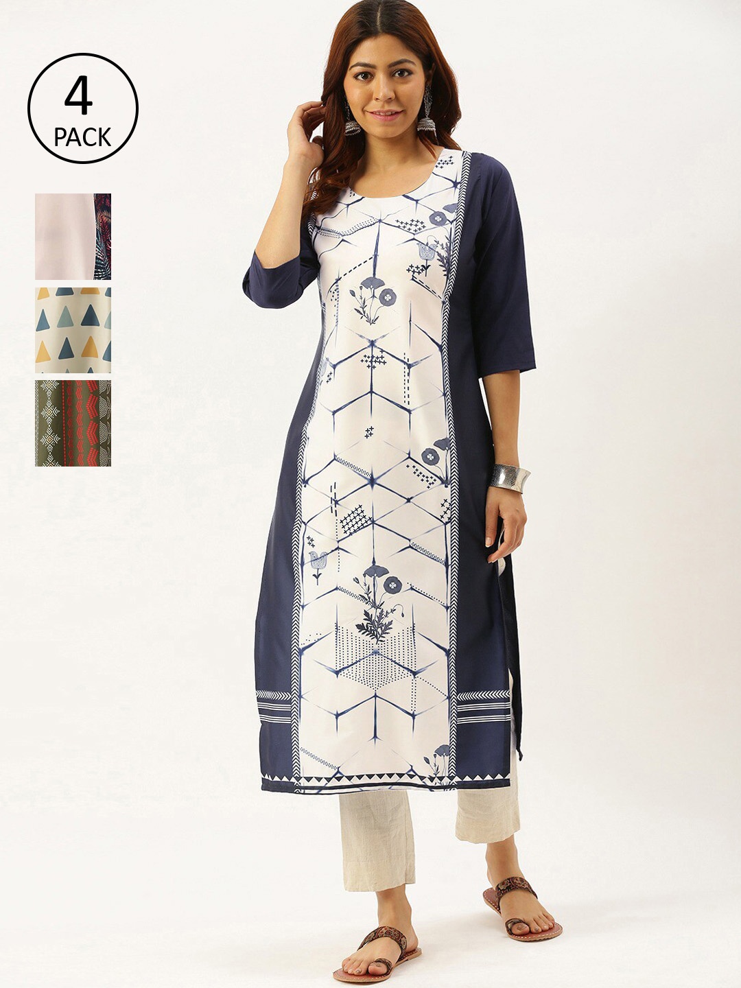 

7Threads Women Pack Of 4 Geometric Printed Crepe Kurtas, Off white