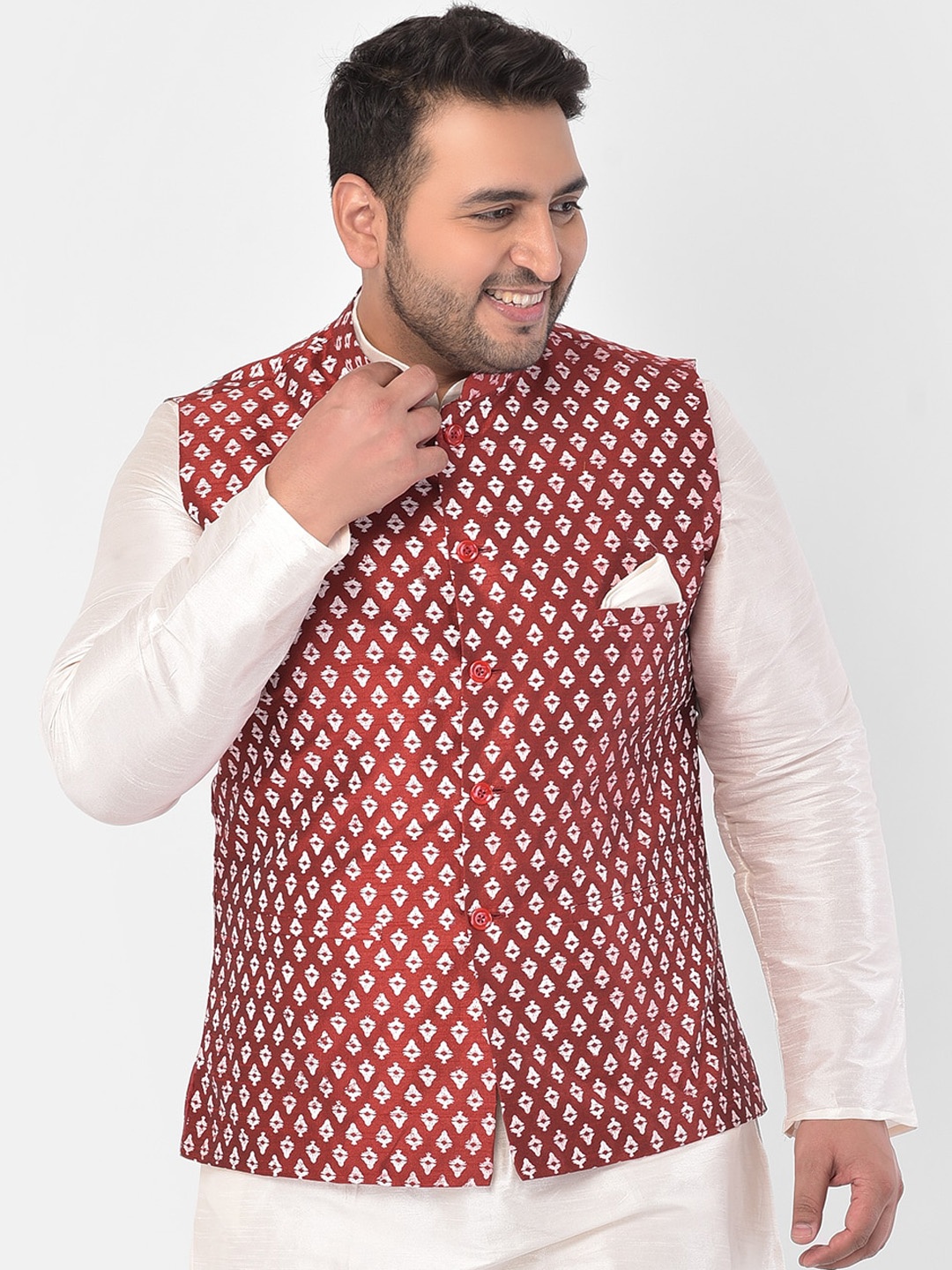 DEYANN PLUS Men Red & White Printed Nehru Jacket