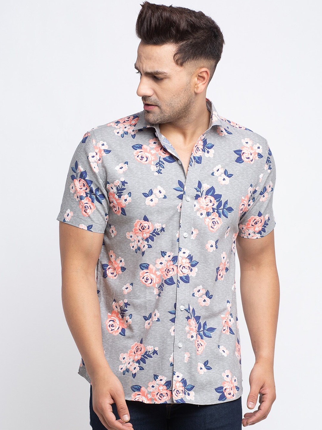 

Ennoble Men Grey & Pink Slim Fit Printed Casual Shirt