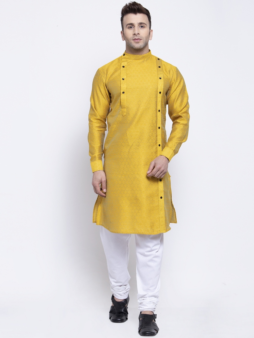 

KLOTTHE Men Mustard Yellow & White Woven Design Kurta with Churidar Pyjamas