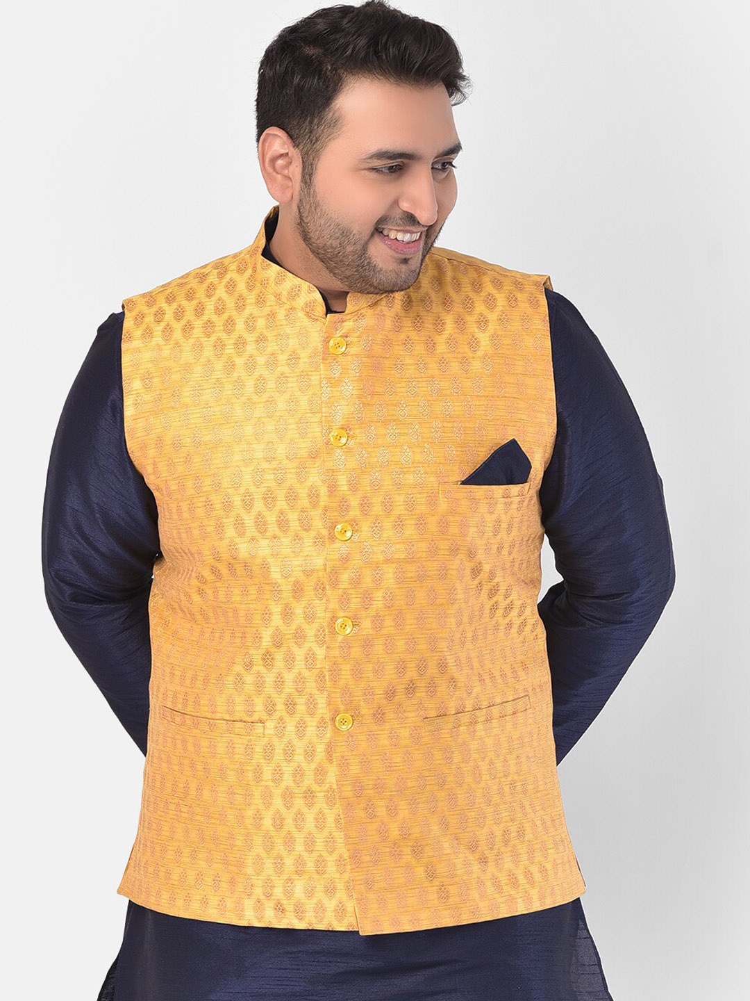 

DEYANN PLUS Men Yellow & Gold-Coloured Woven-Design Plus Size Nehru Jacket