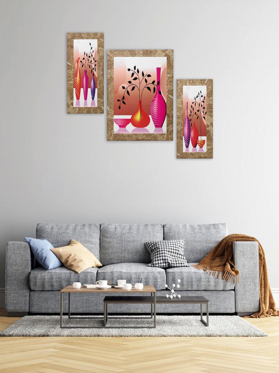 

Indianara Set Of 3 Beige & Pink Flowers in Vases Framed Art Prints Without Glass
