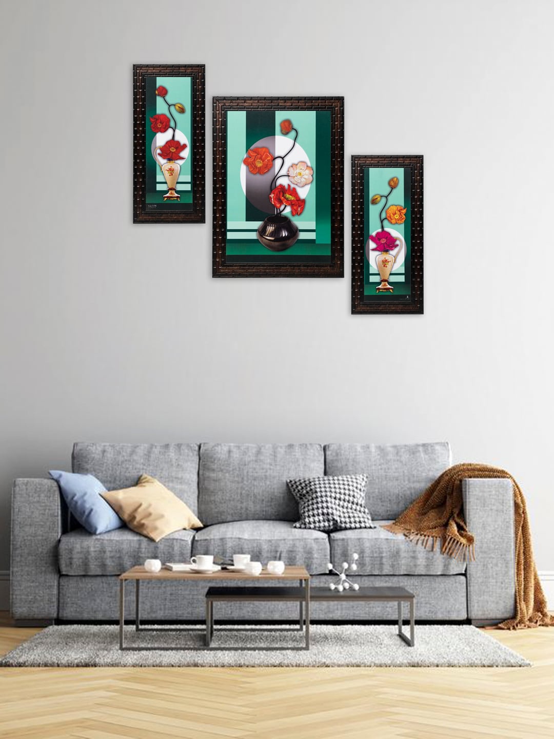 

Indianara Set Of 3 Green & Red Flowers In Vases Framed Wall Arts