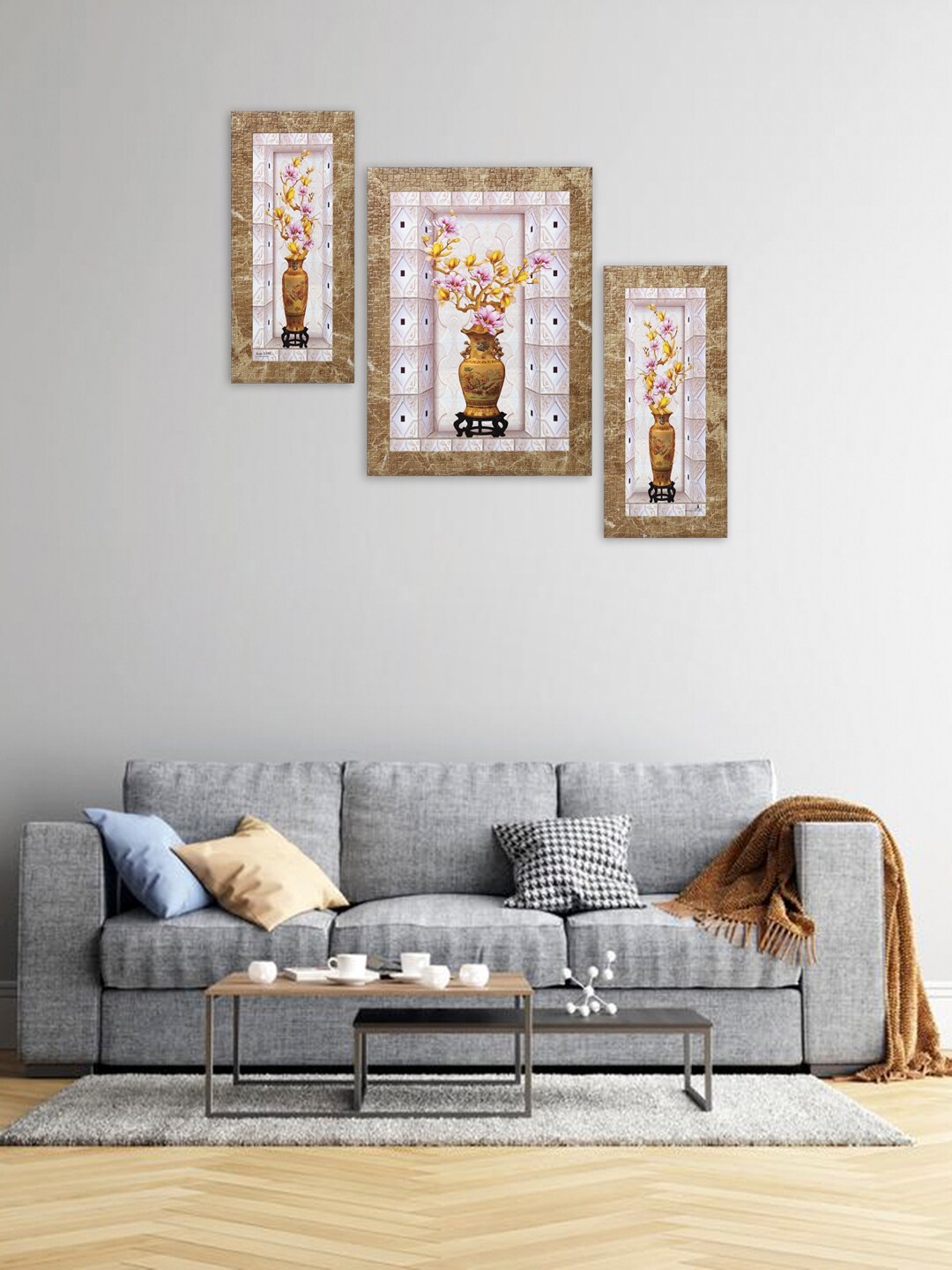 

Indianara Set of 3 Mustard Yellow & Pink Flowers in Vases Framed Wall Paintings