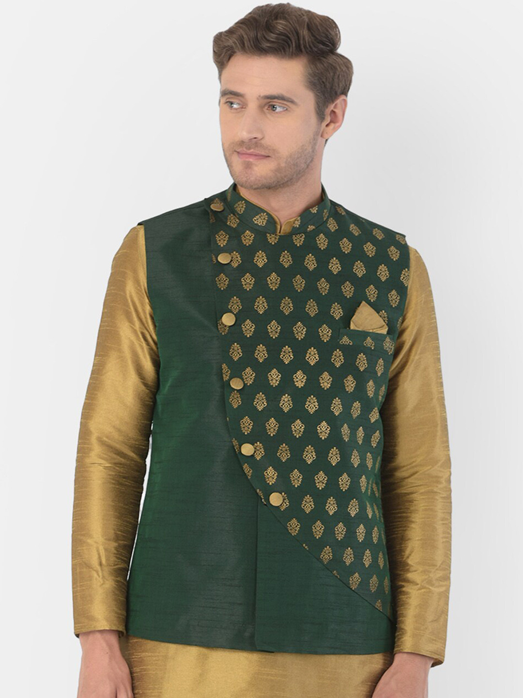 

DEYANN Men Green & Gold-Coloured Printed Woven Nehru Jacket