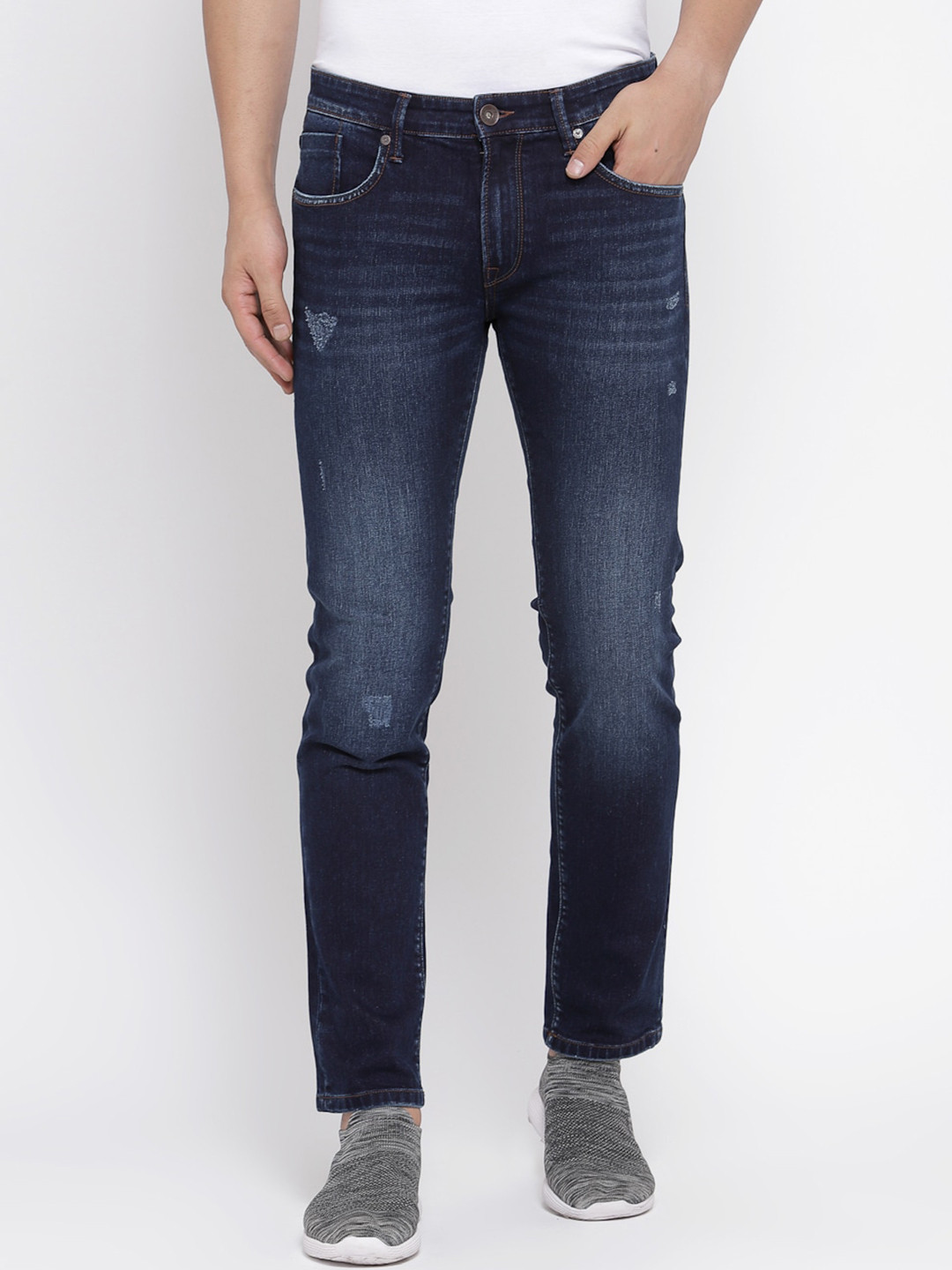 

Pepe Jeans Men Tapered Fit Low-Rise Low Distress Light Fade Stretchable Jeans, Navy blue