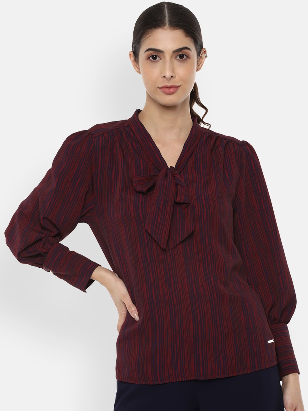 

Van Heusen Woman Maroon Striped Tie-Up Neck Regular Top