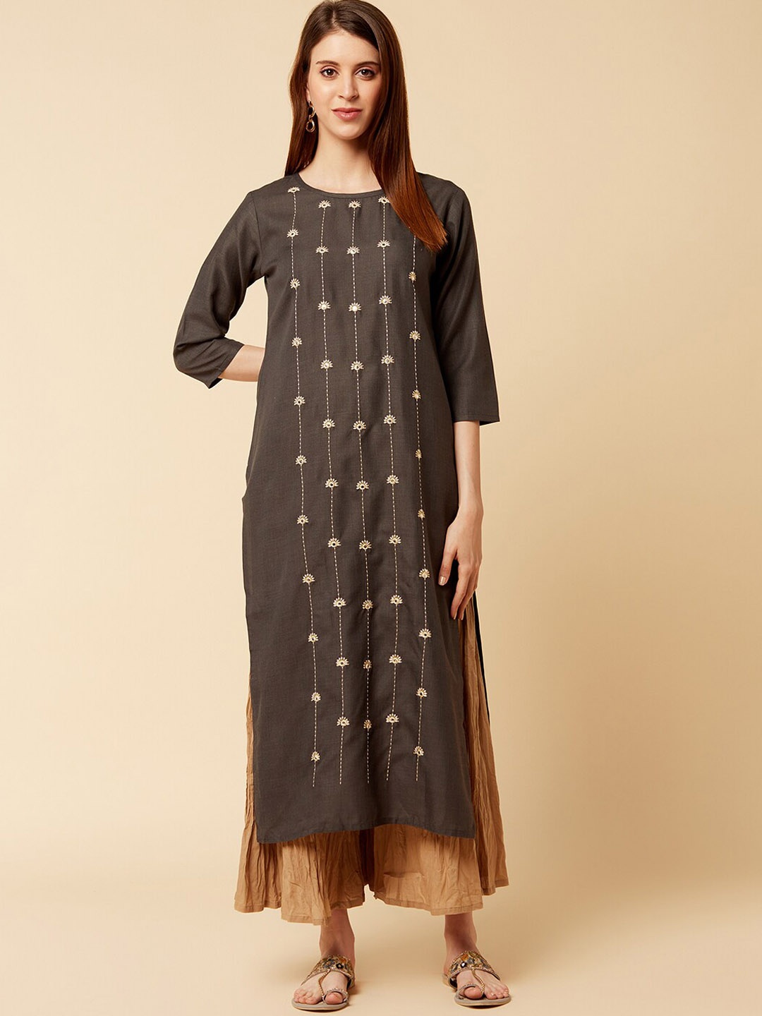

KSUT Women Charcoal Grey & Golden Embroidered Kurta with Palazzos