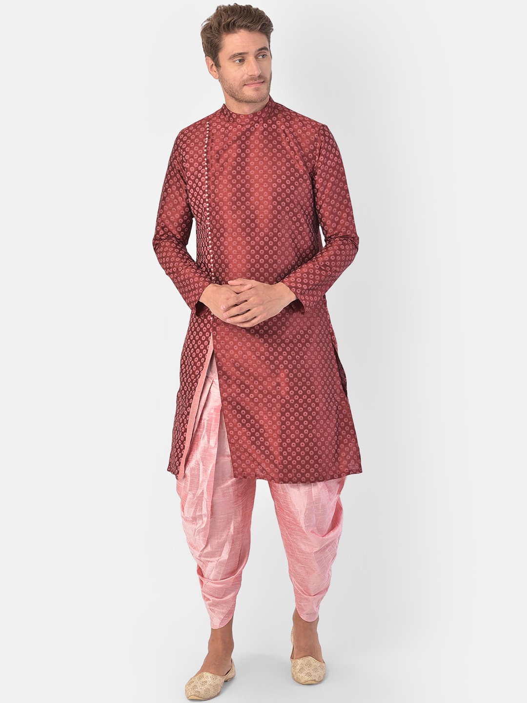 

DEYANN Men Maroon Woven Design Kurta with Dhoti Pants