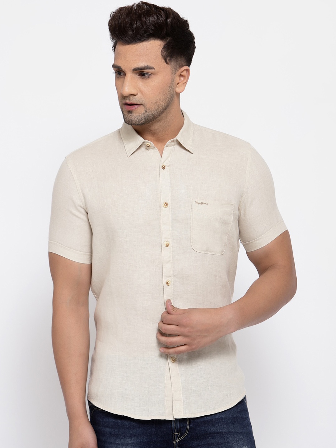 Pepe Jeans Men Beige Pure Linen Solid Casual Shirt