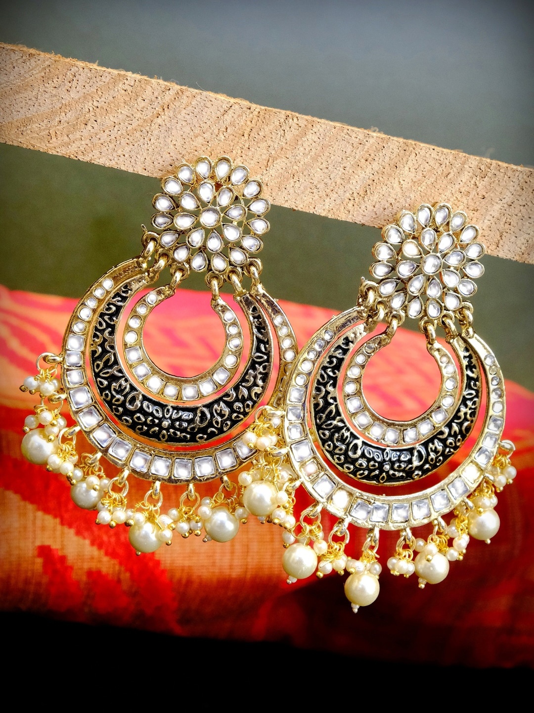 

Crunchy Fashion Black & White Gold Plated Meenakari Chandbalis