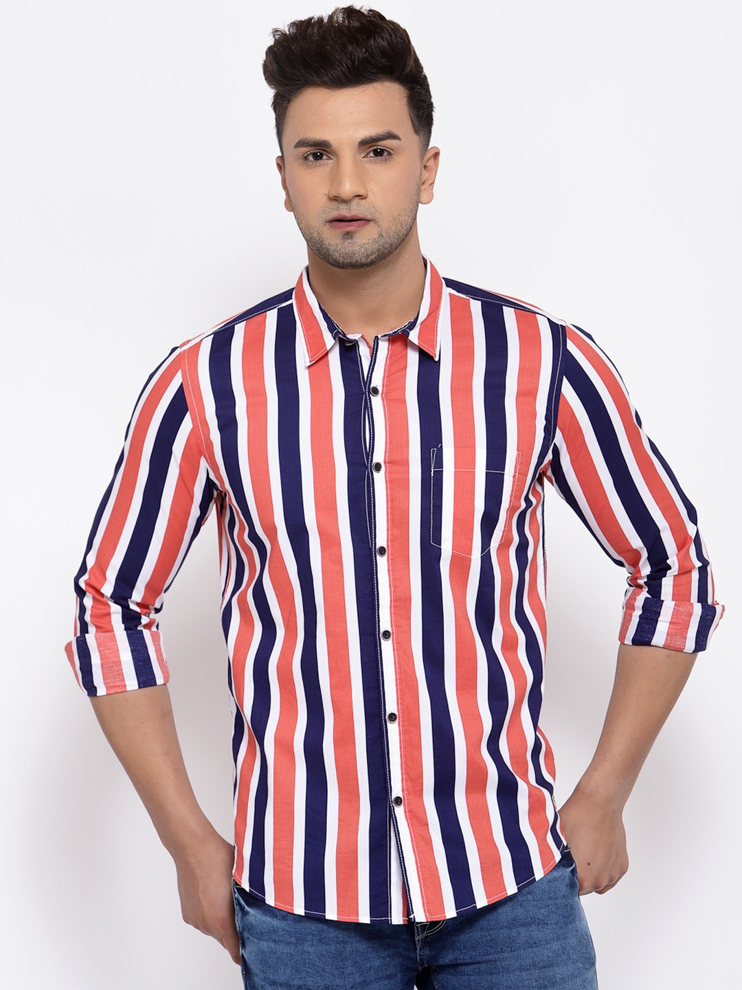 

Pepe Jeans Men Coral Pink & Navy Pure Cotton Striped Casual Shirt