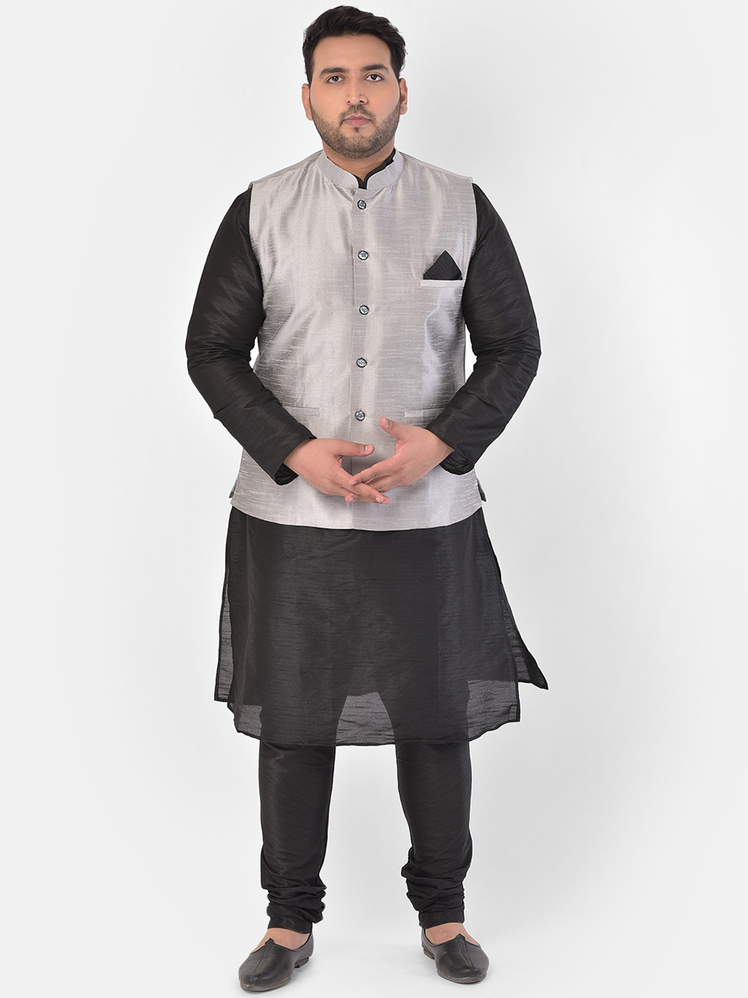 

DEYANN PLUS Men Plus Size Black & Silver Solid Kurta with Churidar & Nehru Jacket