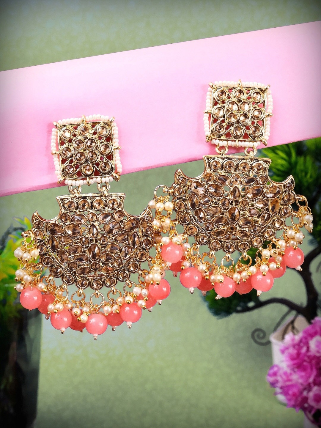 

Crunchy Fashion Gold Plated & Pink Classic Antique Chandbalis