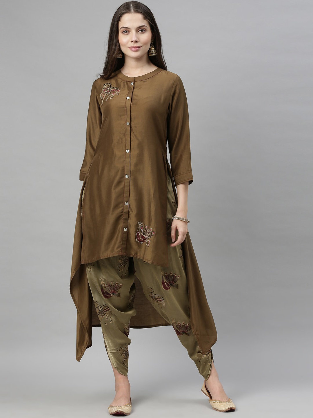 

Neerus Women Olive Green Embroidered Kurta with Dhoti Pants