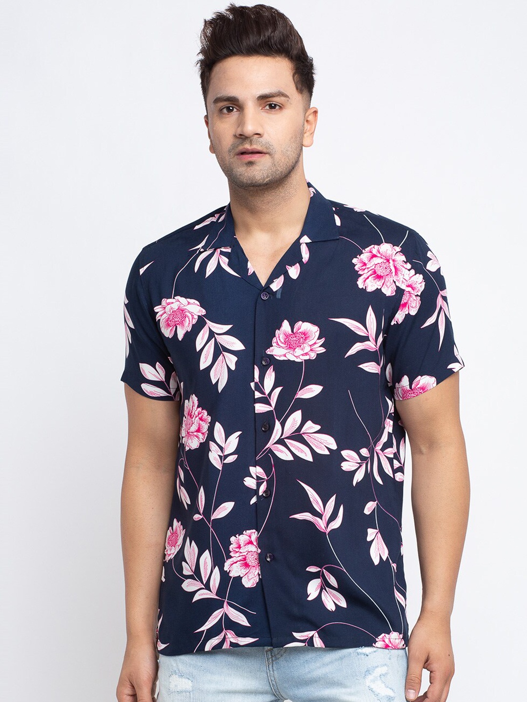 

Ennoble Men Navy Blue & Pink Slim Fit Printed Casual Shirt