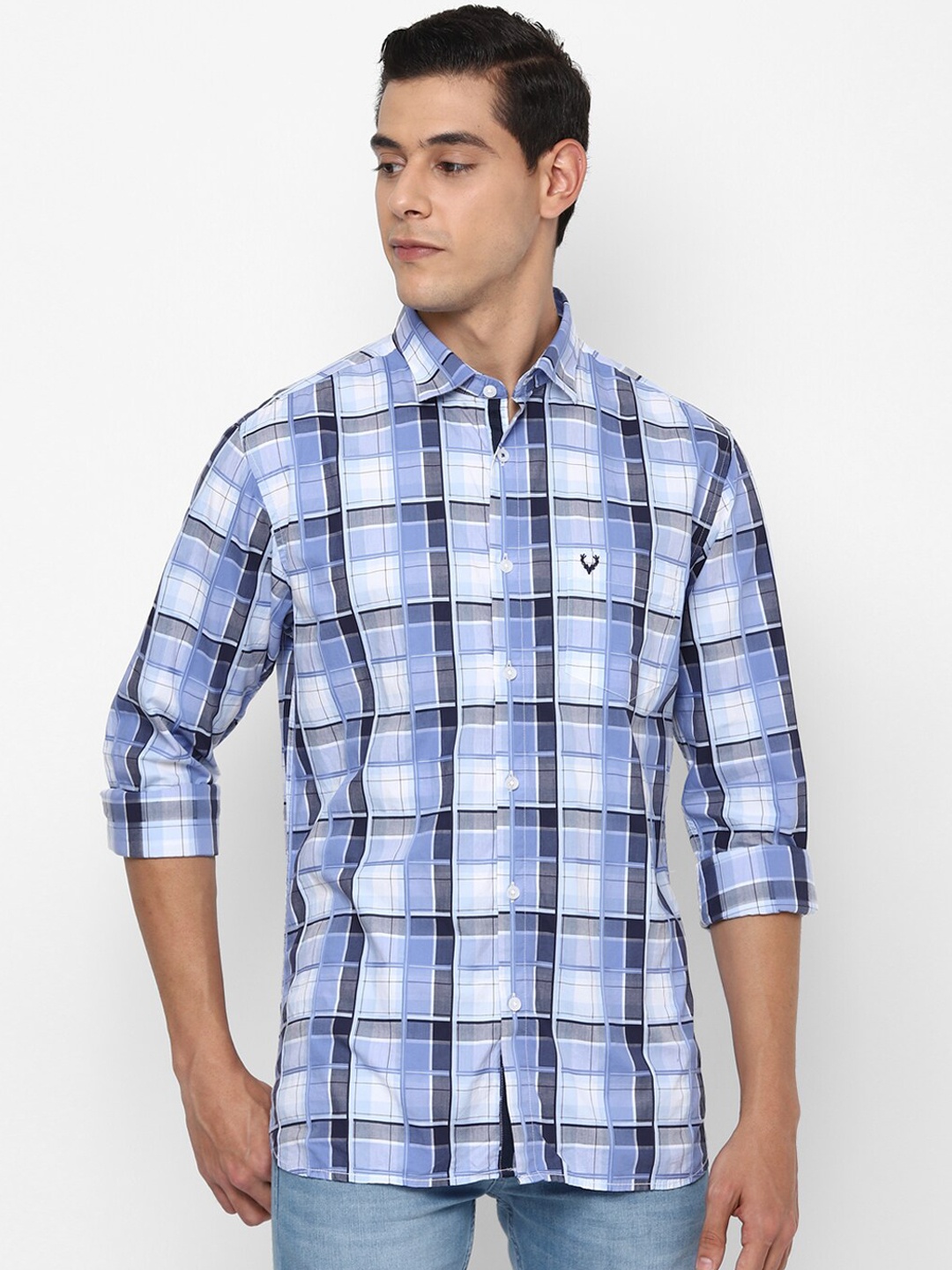 

Allen Solly Men Blue & White Pure Cotton Slim Fit Checked Casual Shirt