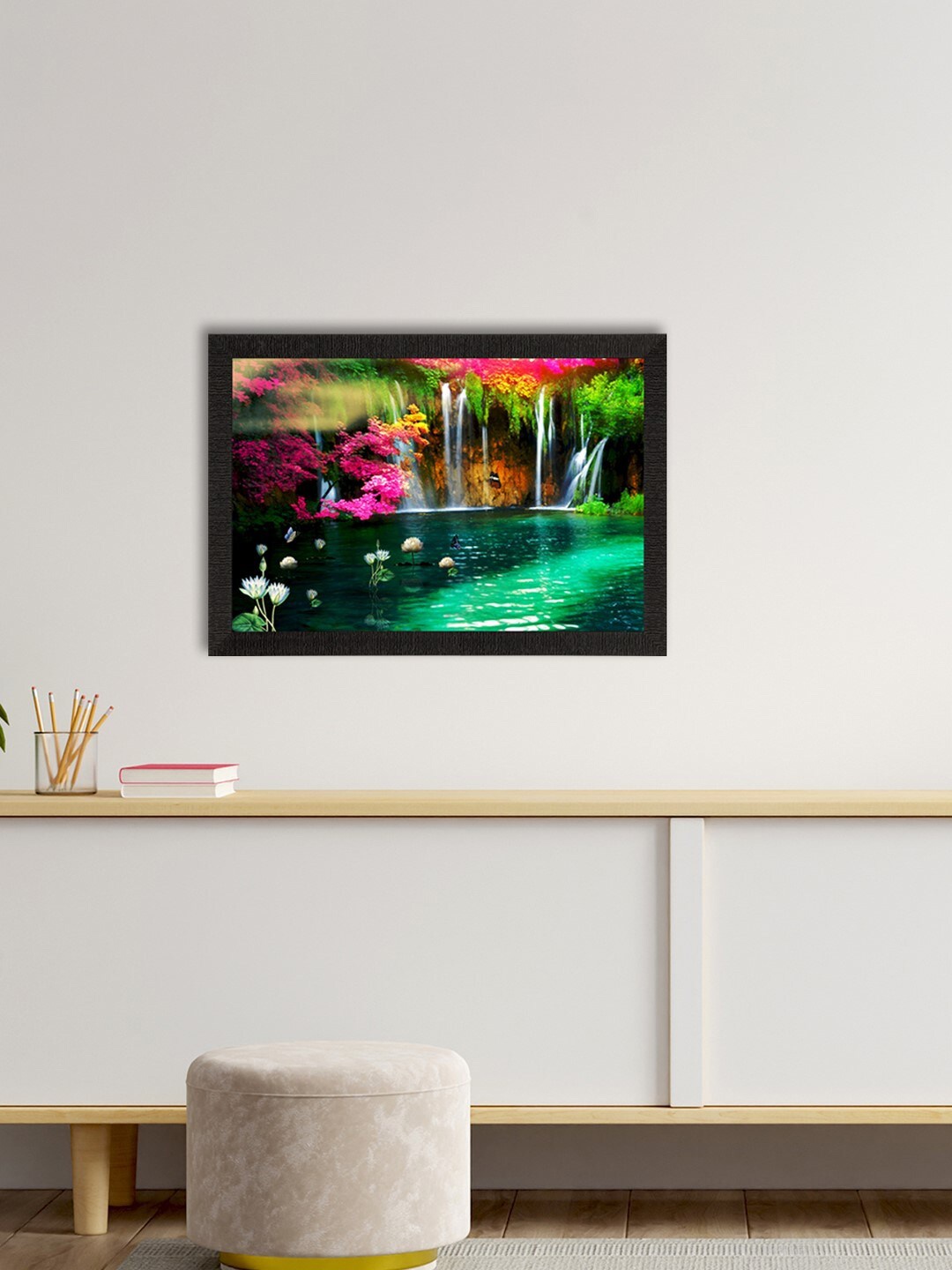 eCraftIndia Green & Pink Beautiful Scenic Waterfall View Satin Matt Texture UV Art Painting