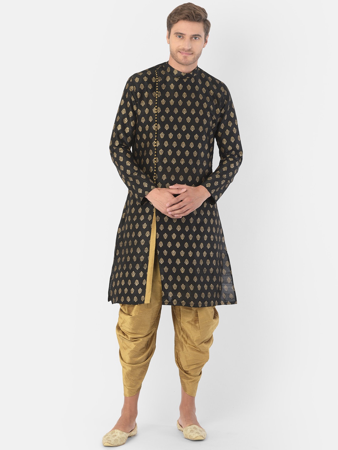 

DEYANN Men Black & Gold-Toned Woven Design Kurta with Dhoti Pants