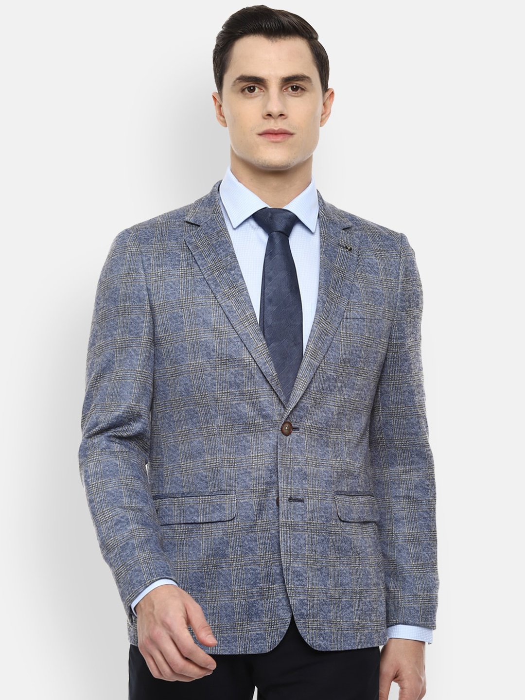 

Van Heusen Men Blue & Grey Checked Slim Fit Single Breasted Formal Blazer