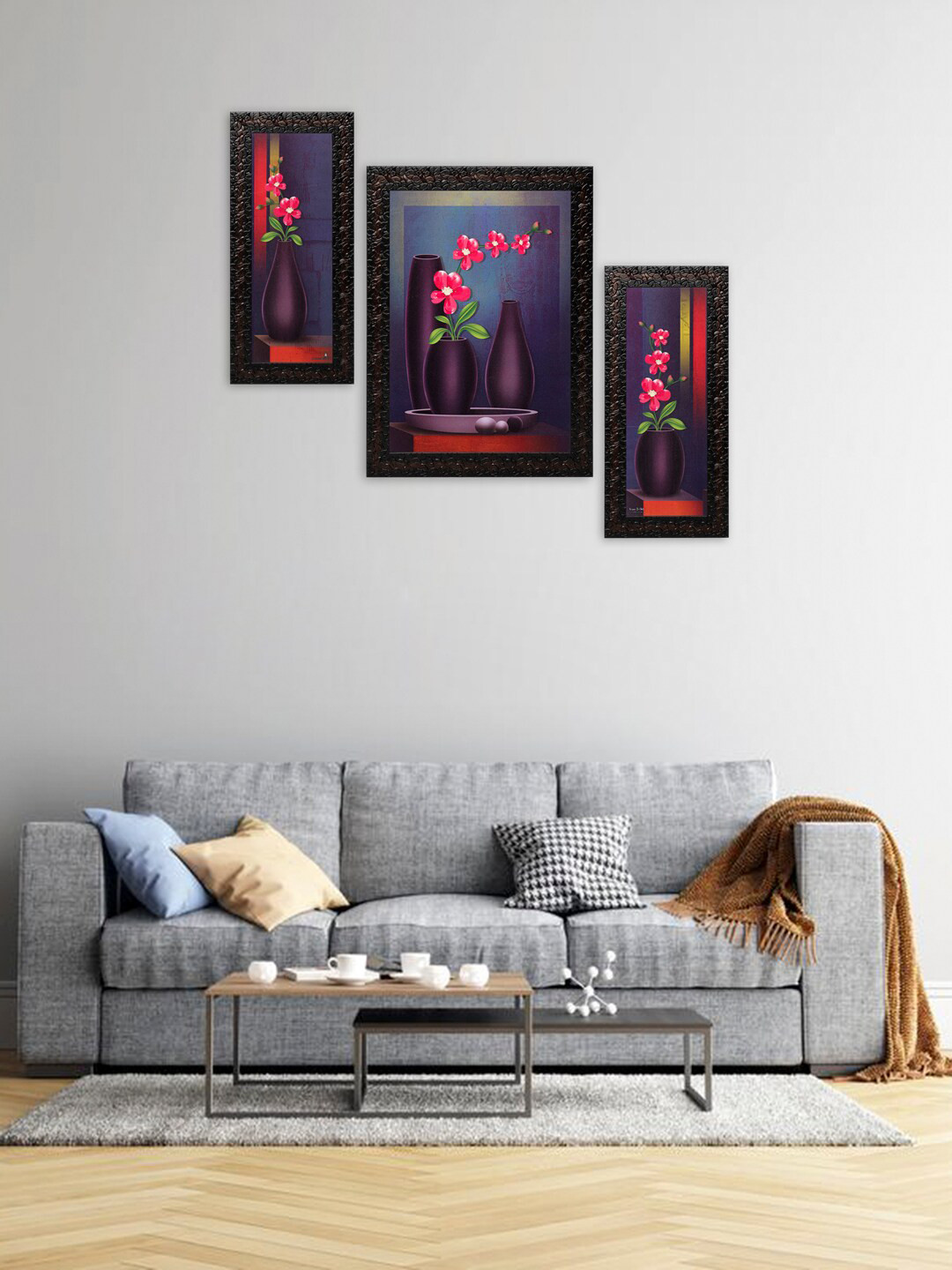 

Indianara Set of 3 Blue & Pink Flowers in Vases Framed Wall Paintings without Glass