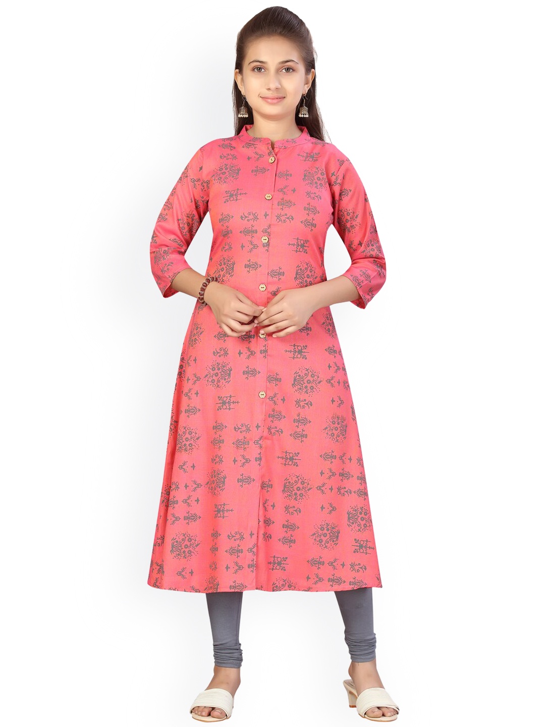

Aarika Girls Peach-Coloured & Grey Ethnic Motifs Printed Kurta