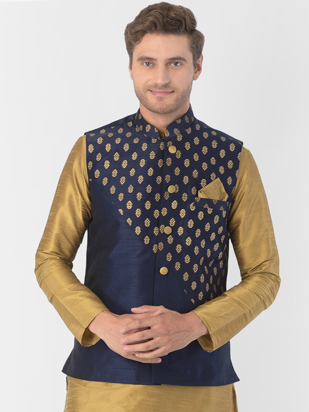 

DEYANN PLUS Men Navy Blue & Gold-Coloured Woven-Design Nehru Jacket