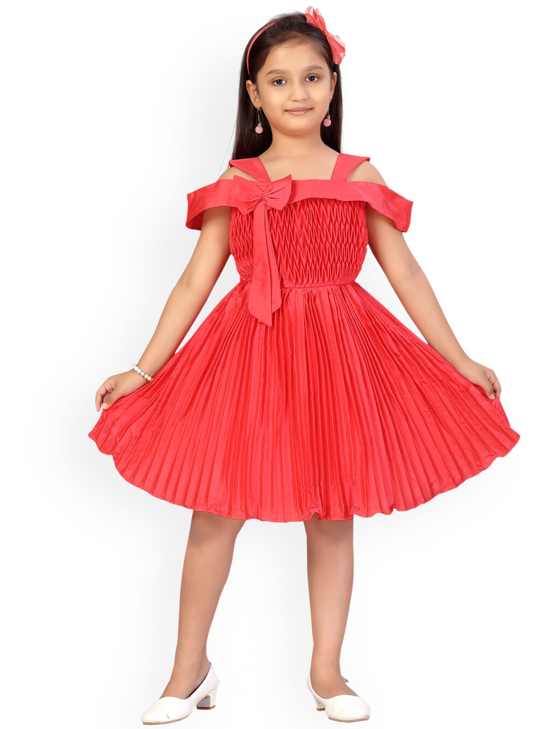 

Aarika Girls Coral Red Solid Accordian Pleated Fit & Flare Dress