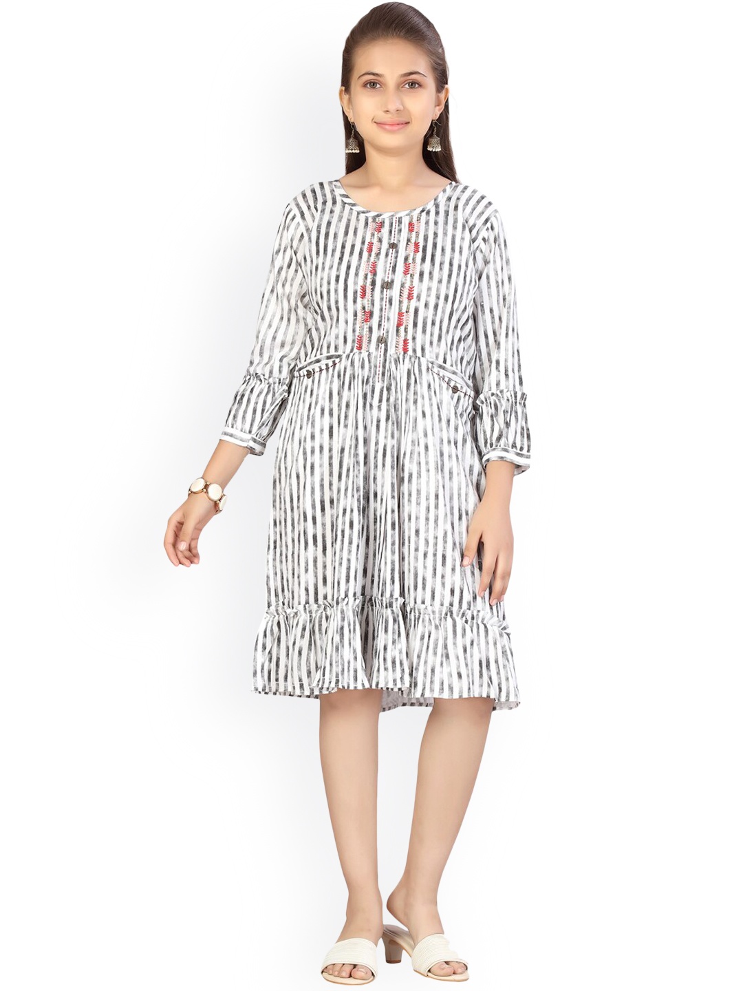 Aarika Girls Grey & White Striped A-Line Dress