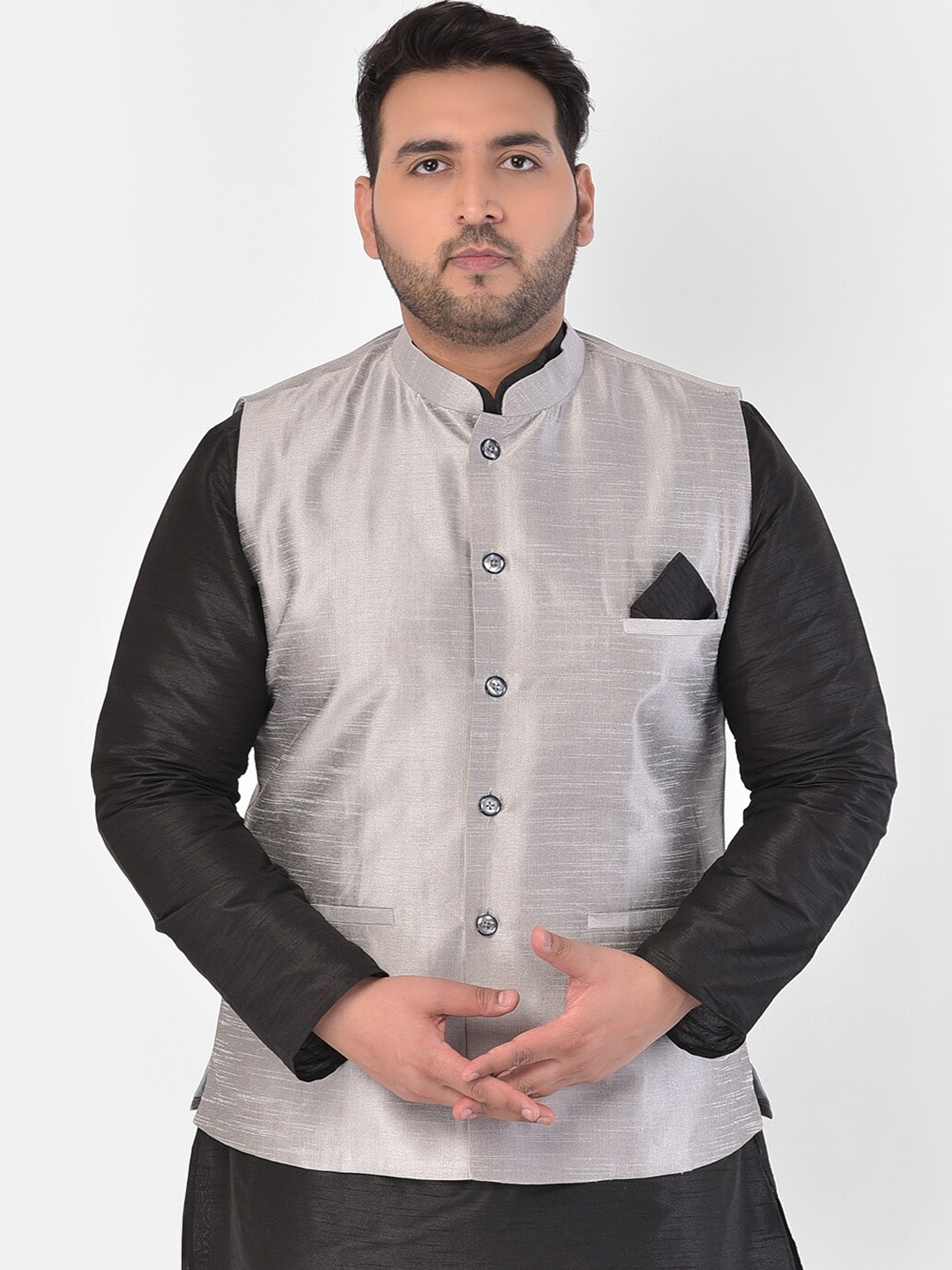 DEYANN PLUS Men Silver Solid Woven Nehru Jacket