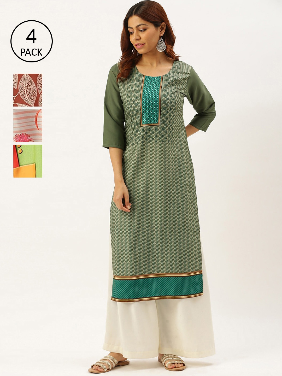 

7Threads Women Pack Of 4 Printed Crepe Kurta, Green