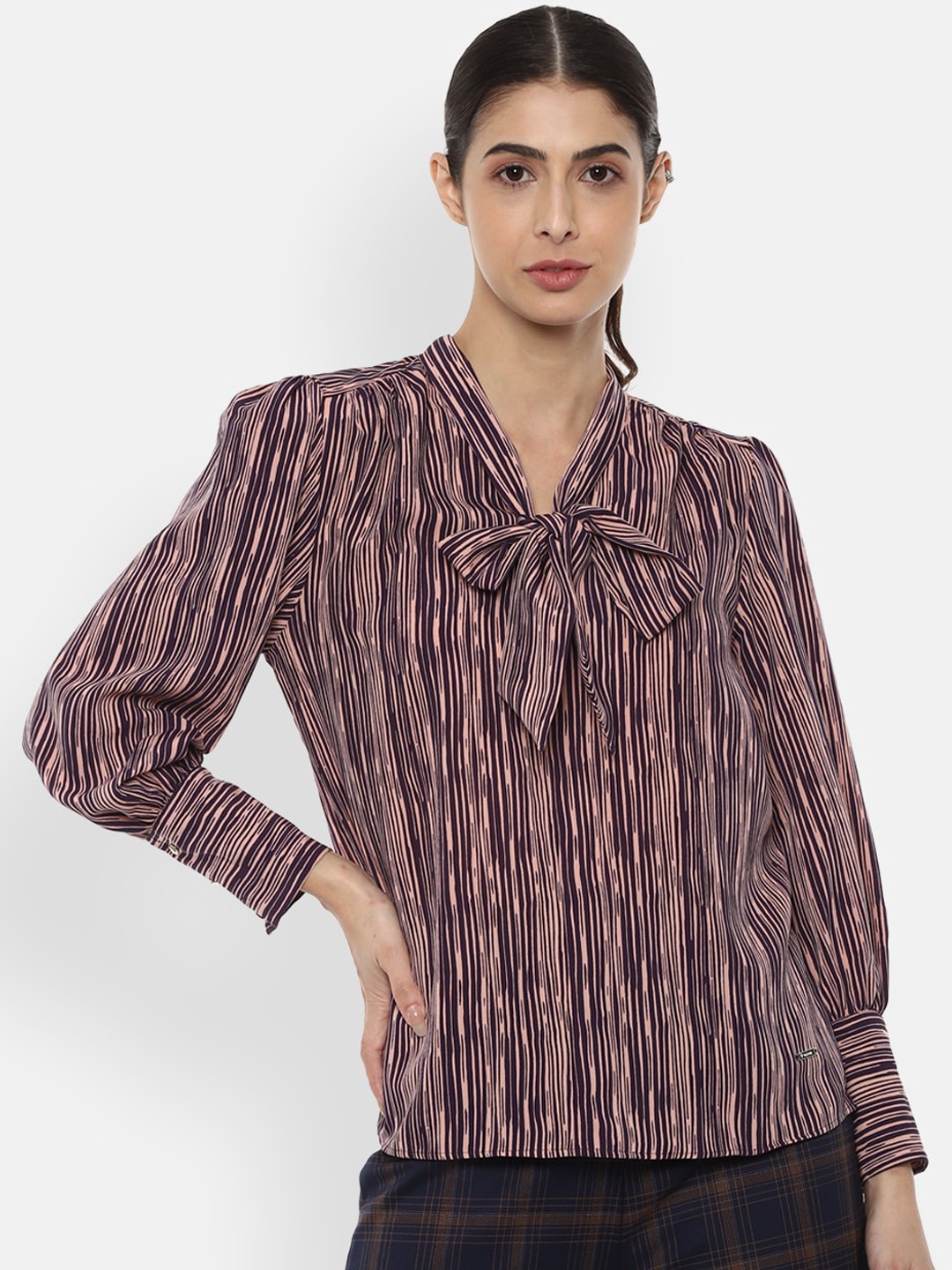 

Van Heusen Woman Pink Striped Tie-Up Neck Regular Top