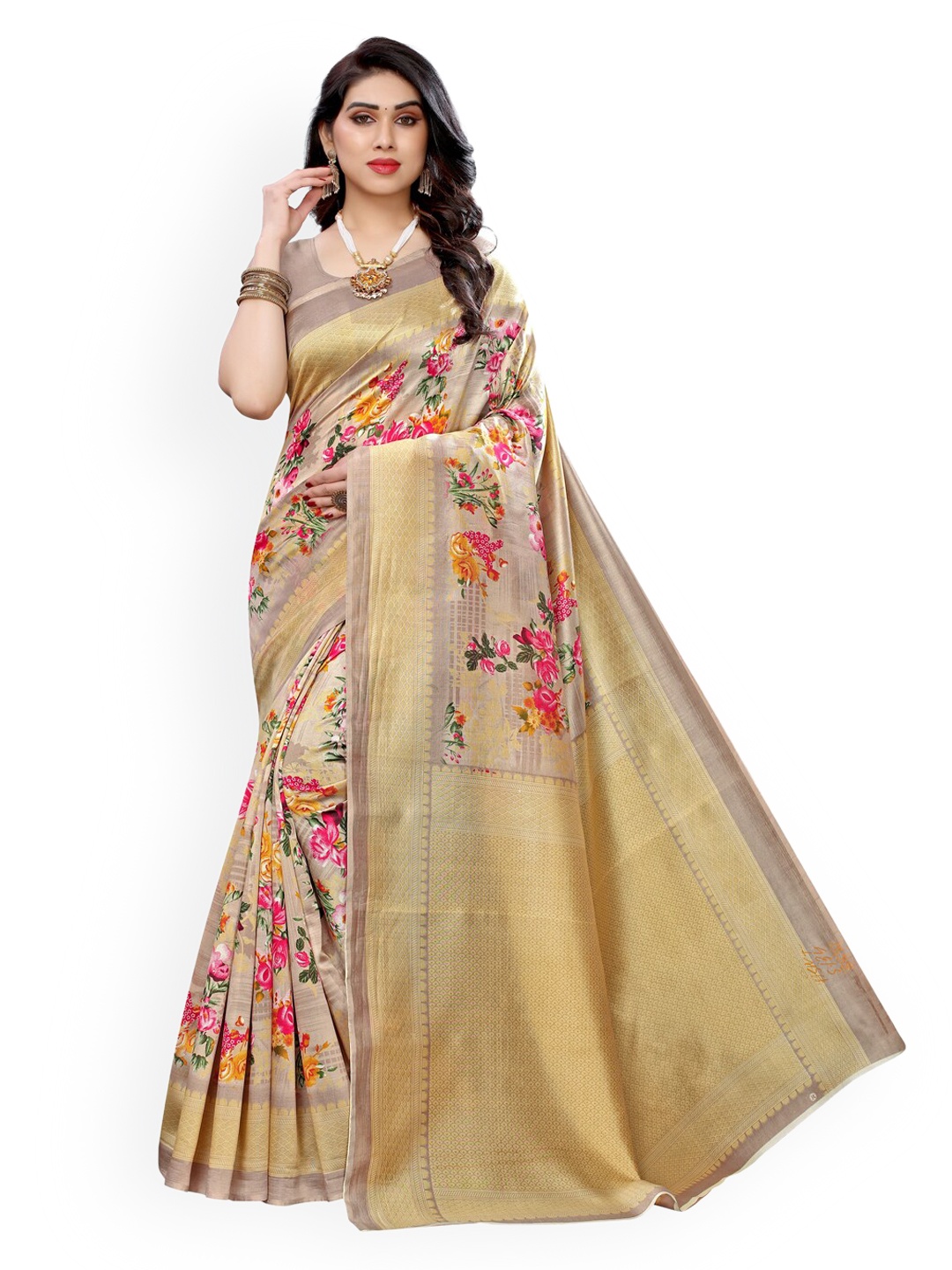 

KALINI Brown & Gold-Toned Poly Silk Printed Saree