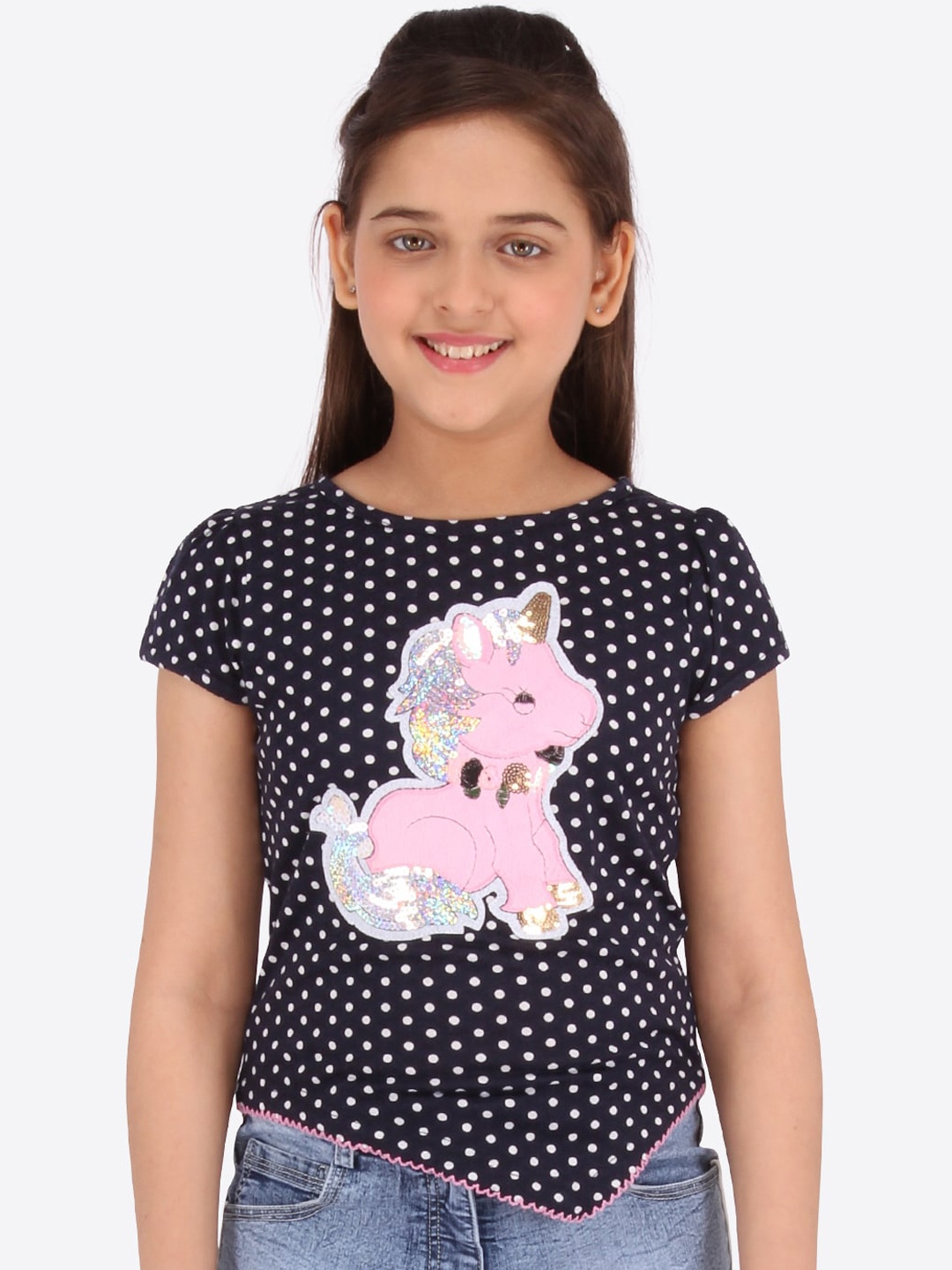 

CUTECUMBER Navy Blue Printed Cape Sleeves Regular Top