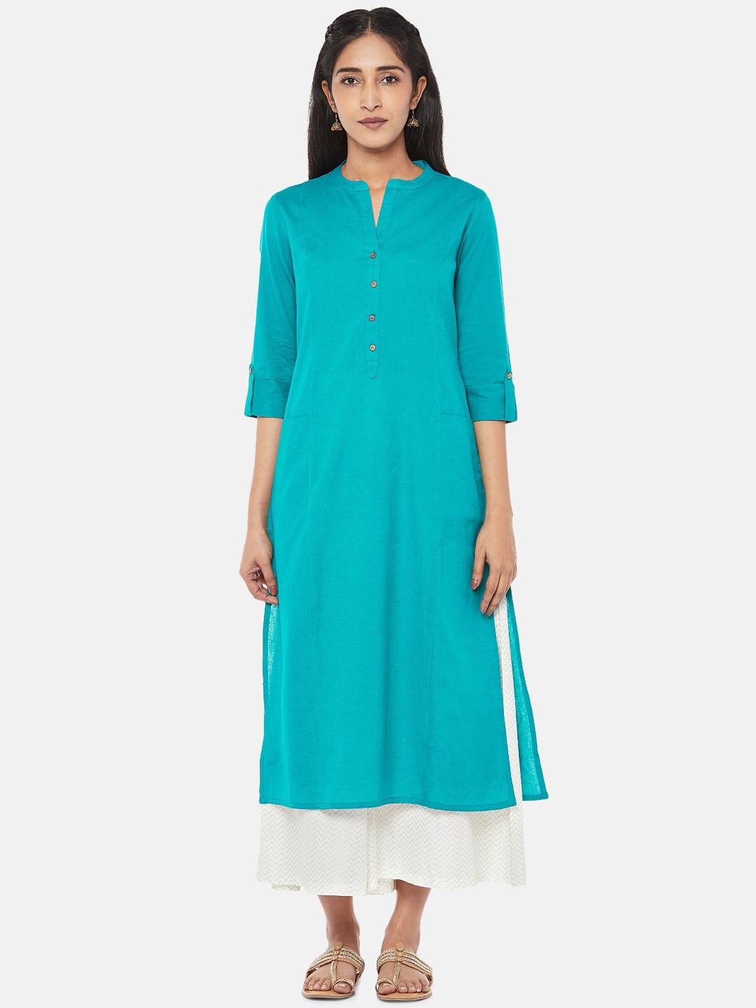 

RANGMANCH BY PANTALOONS Women Turquoise Blue Cotton Kurta