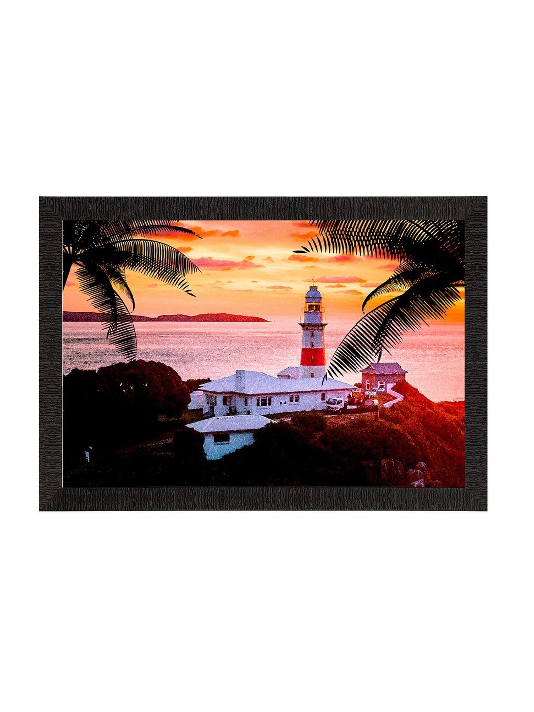 eCraftIndia Orange & White Seaside Lighthouse Scenic View Wall Art