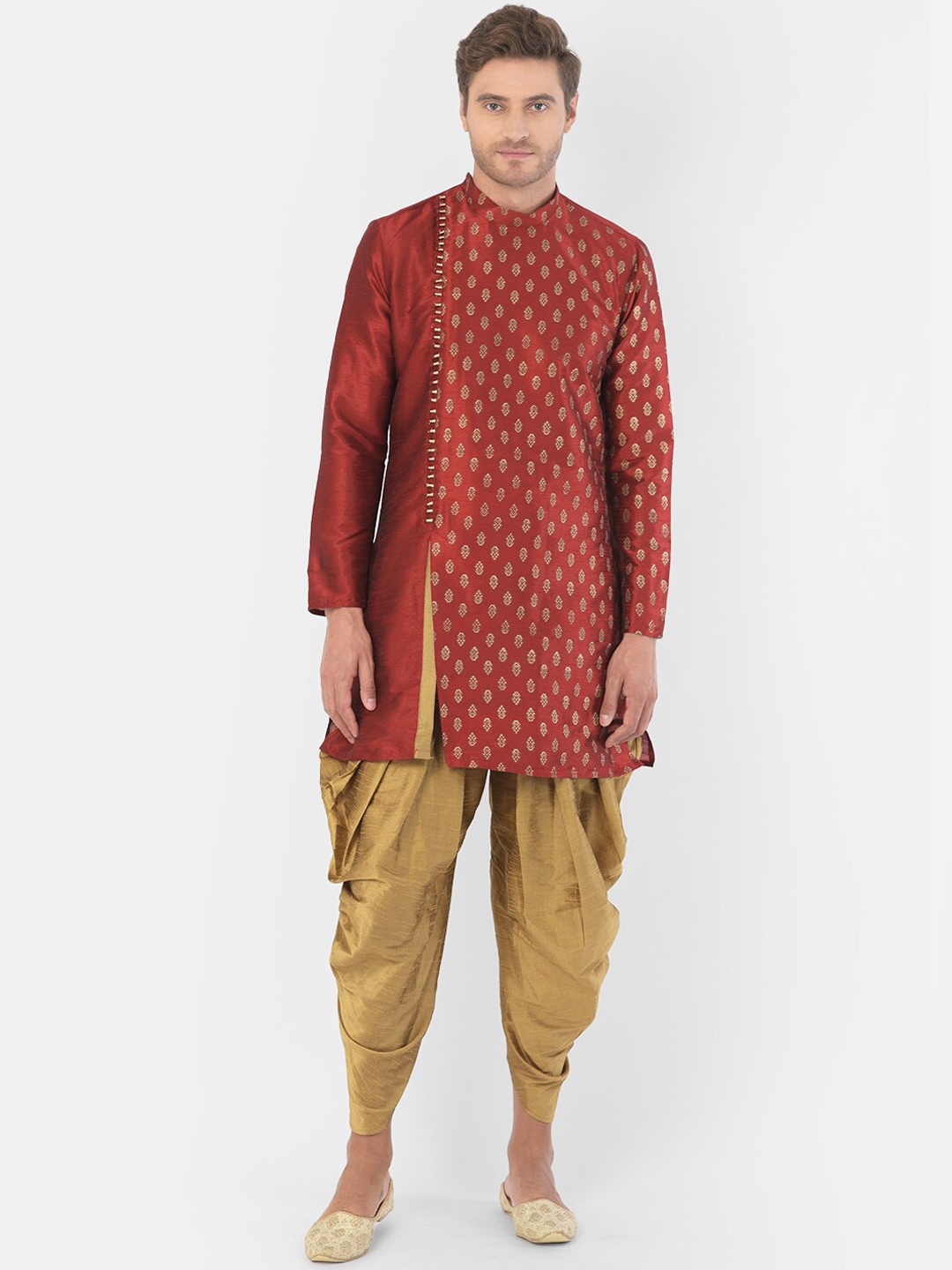 

DEYANN Men Red & Gold-Toned Ethnic Motifs Kurta
