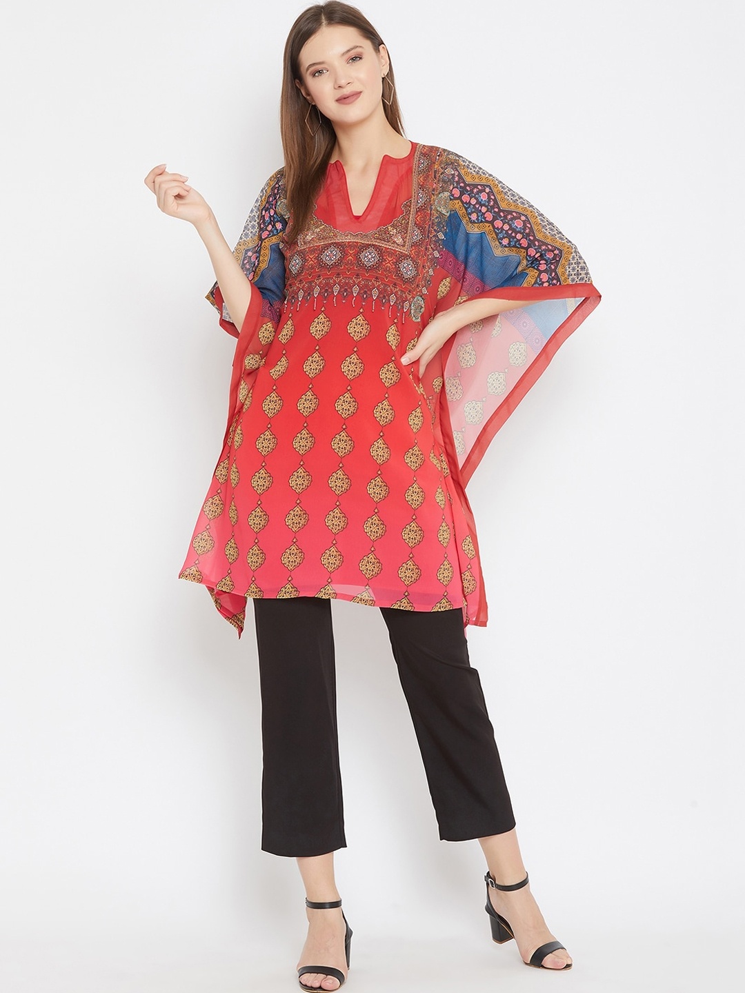 

The Kaftan Company Red Hand Embroidered Layered Georgette Kaftan Longline Top