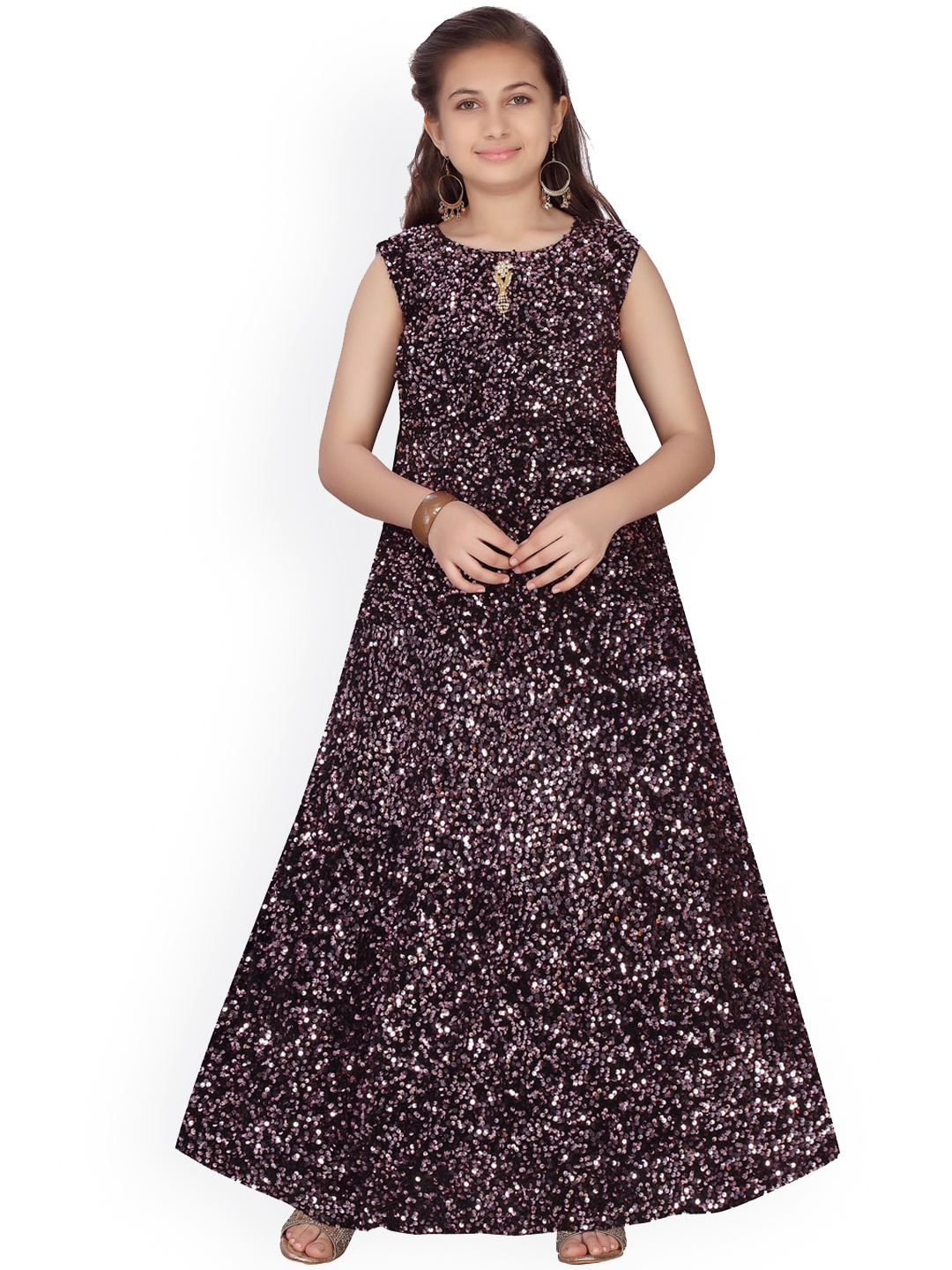 Aarika Girls Brown & Pink Sequinned Velvet Finish Gown, Black